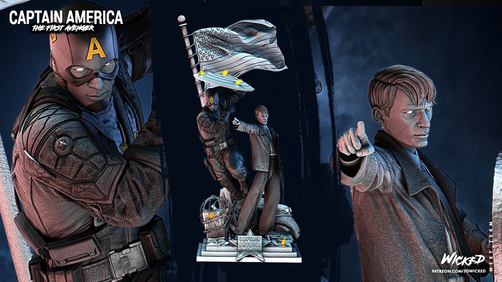 Marvel Captain America and Steve Rogers Sculptures Diorama