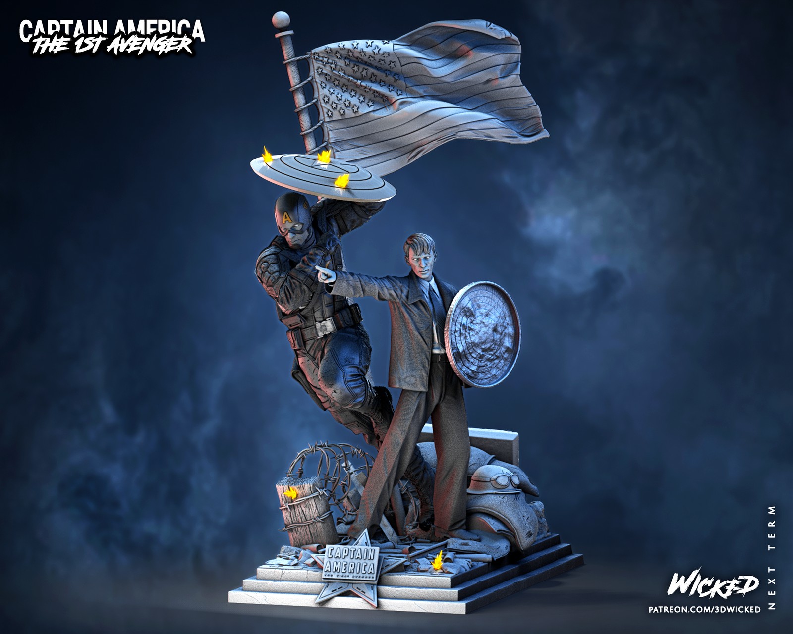 Marvel Captain America and Steve Rogers Sculptures Diorama - Image 2
