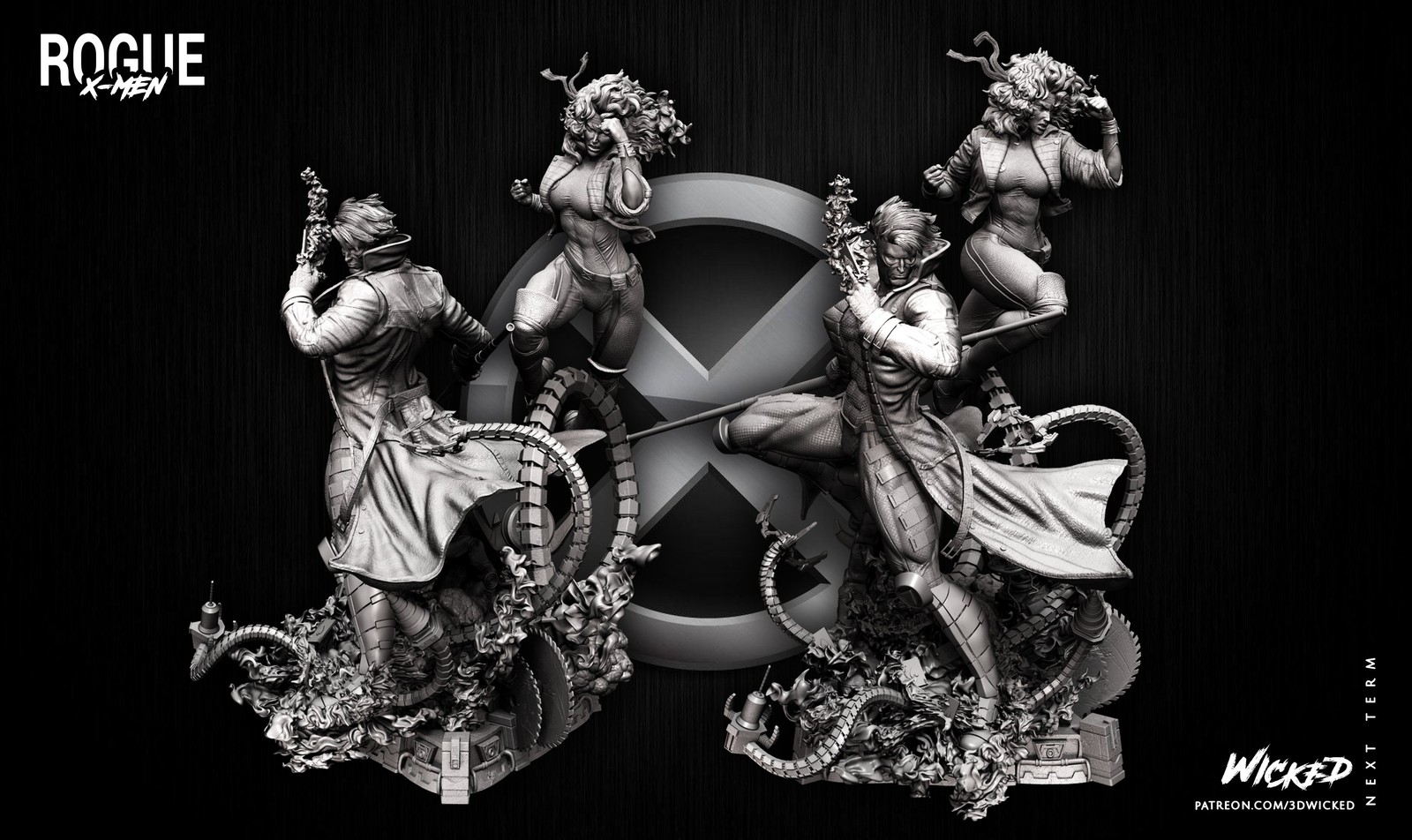 Marvel Diorama Base + Rogue Sculpture + Gambit Sculpture