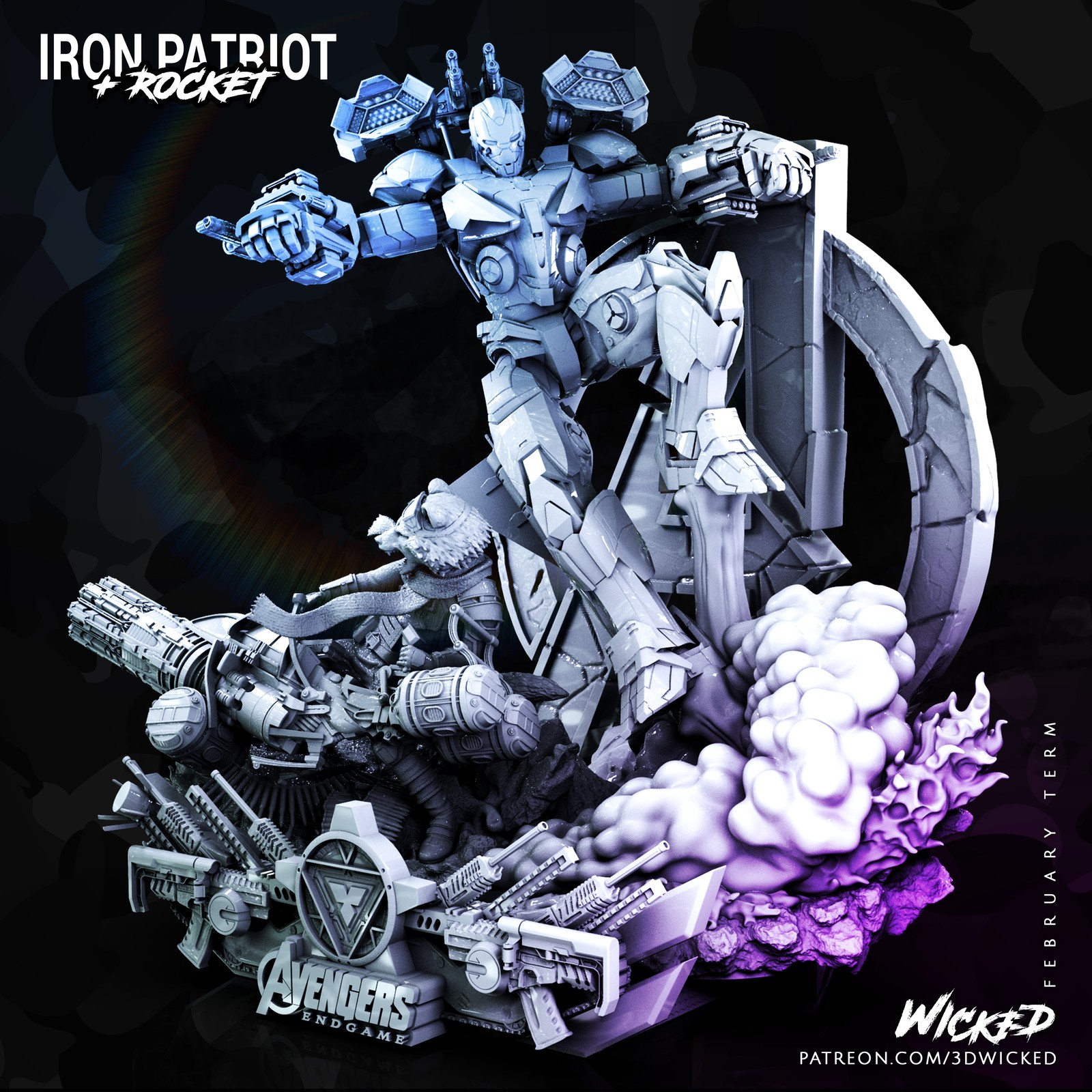 Marvel Avengers Endgame Iron Patriot + Rocket Diorama Base